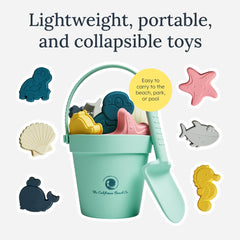 Sea Creatures Beach Toy Set in a mint green bucket with colorful ocean-themed toys and a shovel for fun sand play.
