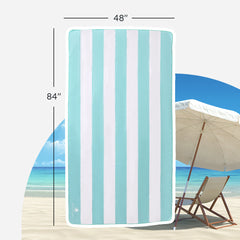 The Coastline Beach Towel rolled up in aqua and white, showcasing its soft and absorbent fabric, perfect for summer.