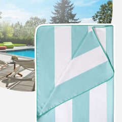 The Coastline Beach Towel rolled up in aqua and white, showcasing its soft and absorbent fabric, perfect for summer.