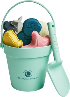 Sea Creatures Beach Toy Set in a mint green bucket with colorful ocean-themed toys and a shovel for fun sand play.