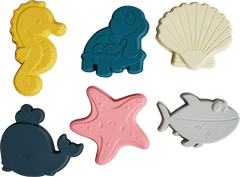 Colorful Sea Creatures Beach Toy Set pieces including seahorse, turtle, shell, whale, starfish, and shark for sand play.