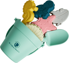 Colorful Sea Creatures Beach Toy Set pieces including seahorse, turtle, shell, whale, starfish, and shark for sand play.