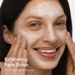Face Polishing Scrub & Exfoliator in blue jar for smooth, glowing skin with collagen and glycolic acid.