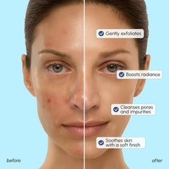 Face Polishing Scrub & Exfoliator in blue jar for smooth, glowing skin with collagen and glycolic acid.