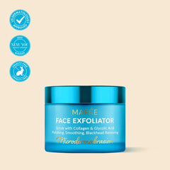 Face Polishing Scrub & Exfoliator in blue jar for smooth, glowing skin with collagen and glycolic acid.